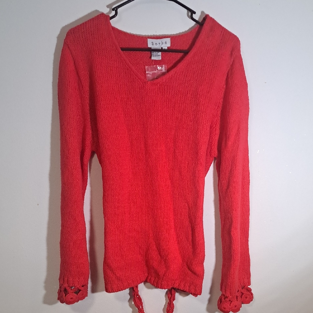Sorbe Vibrant Red Knit Sweater with Lace Details